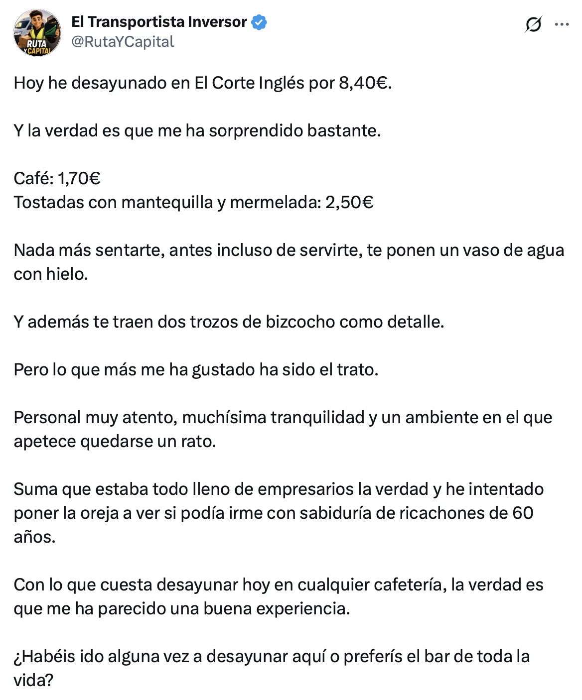 Tuit de @RutaYCapital sobre su desayuno en El Corte Inglés por 8,40 euros