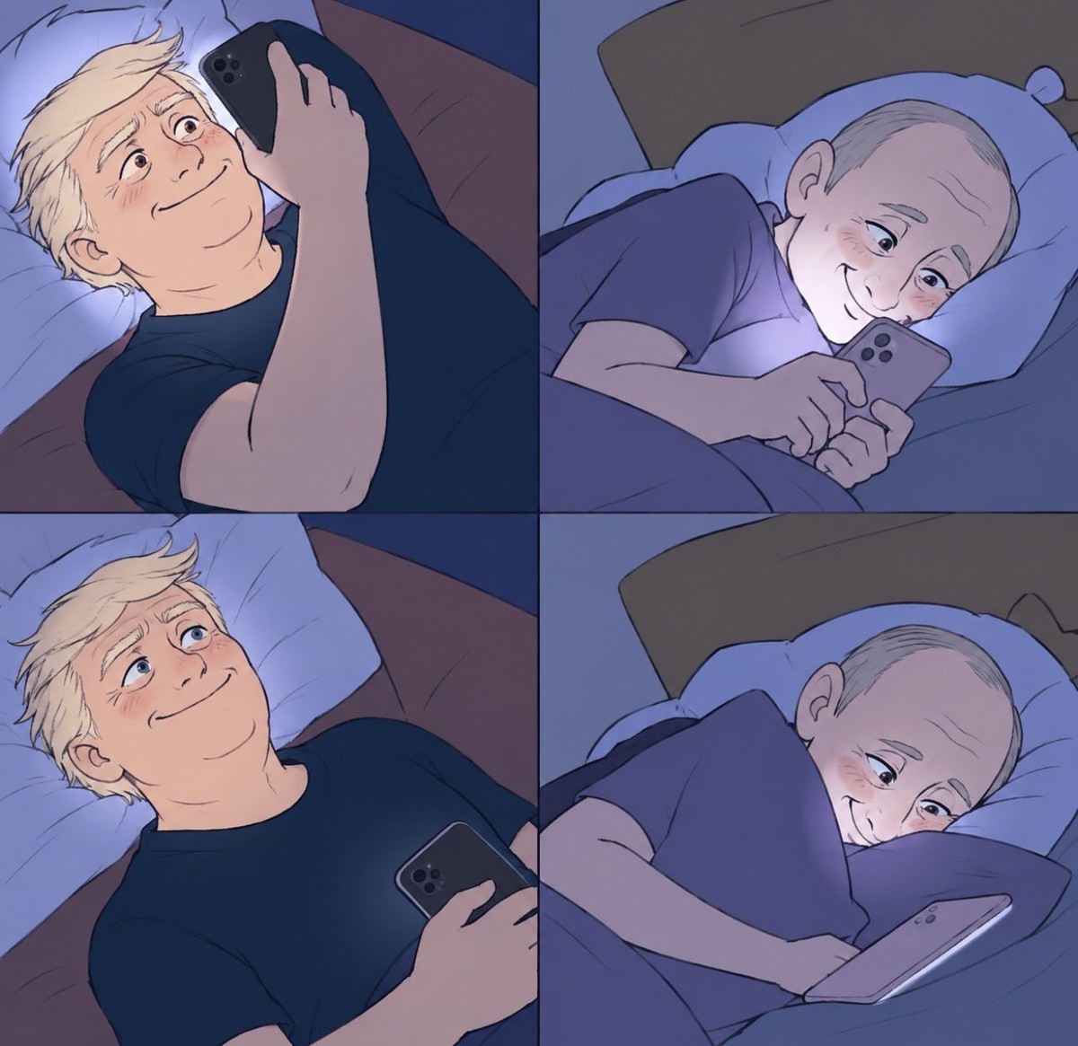 Meme de cuatro viñetas: dos hombres tumbados en la cama mirando el móvil