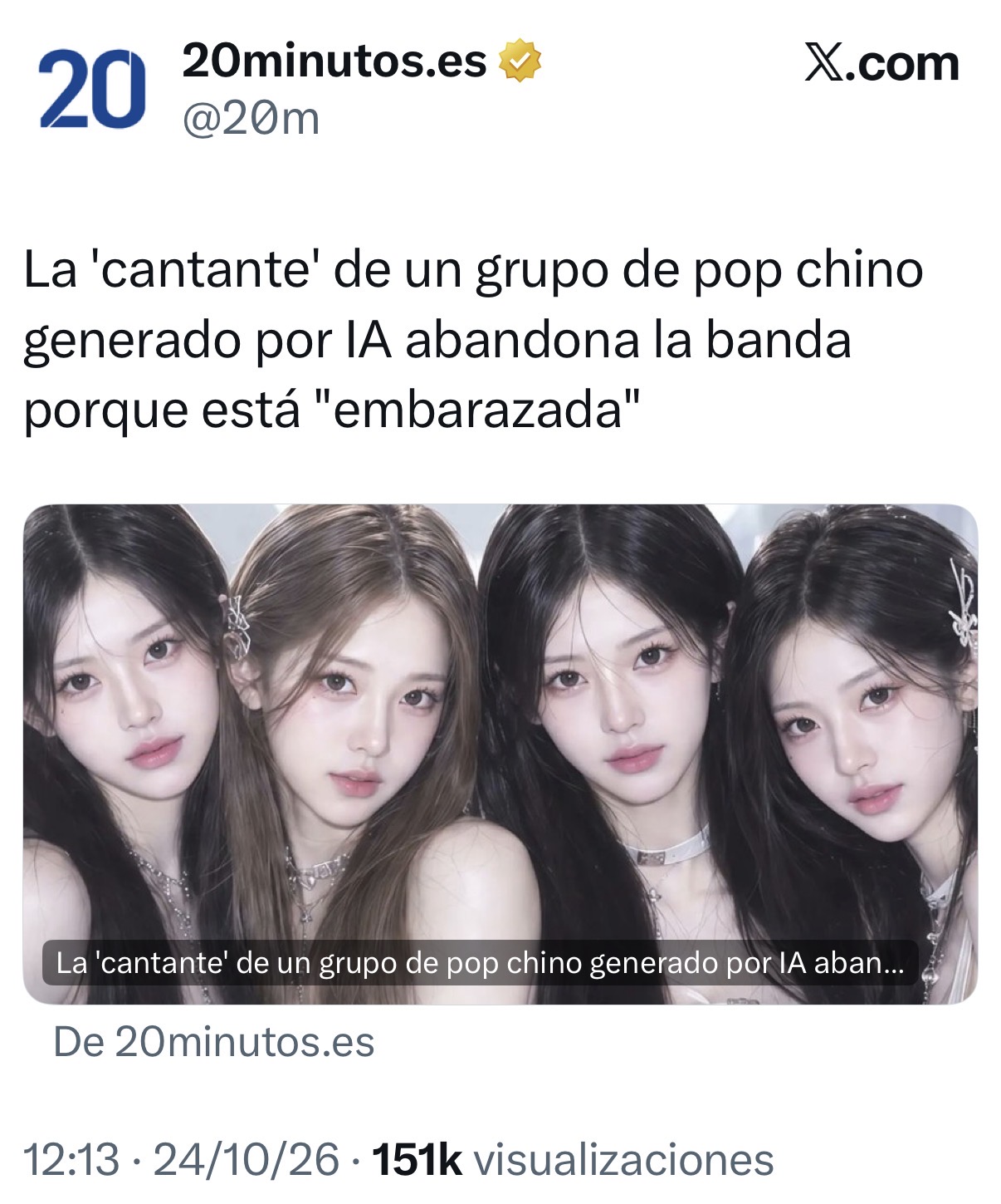 Tuit de 20minutos: «La 'cantante' de un grupo de pop chino generado por IA abandona la banda porque está "embarazada"»