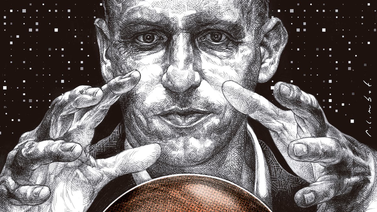 Ilustración de Peter Thiel con una bola de cristal