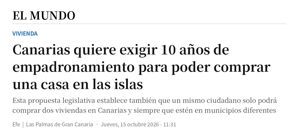 Captura del titular de El Mundo: Canarias quiere exigir 10 años de empadronamiento para poder comprar una casa en las islas