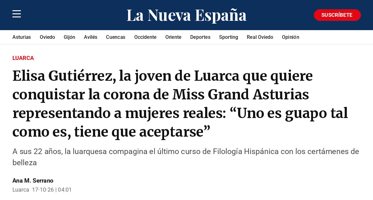 Captura del titular de La Nueva España: Elisa Gutiérrez, la joven de Luarca que quiere conquistar la corona de Miss Grand Asturias