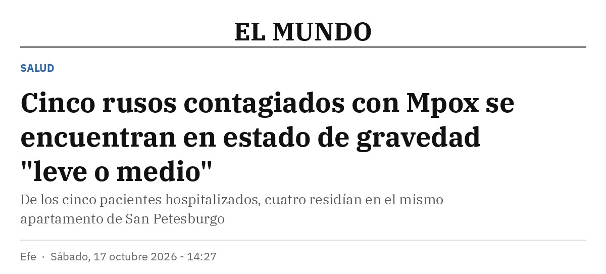 Captura del titular de El Mundo: Cinco rusos contagiados con Mpox se encuentran en estado de gravedad "leve o medio"