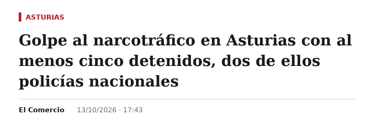 Captura del titular de El Comercio: Golpe al narcotráfico en Asturias con al menos cinco detenidos, dos de ellos policías nacionales