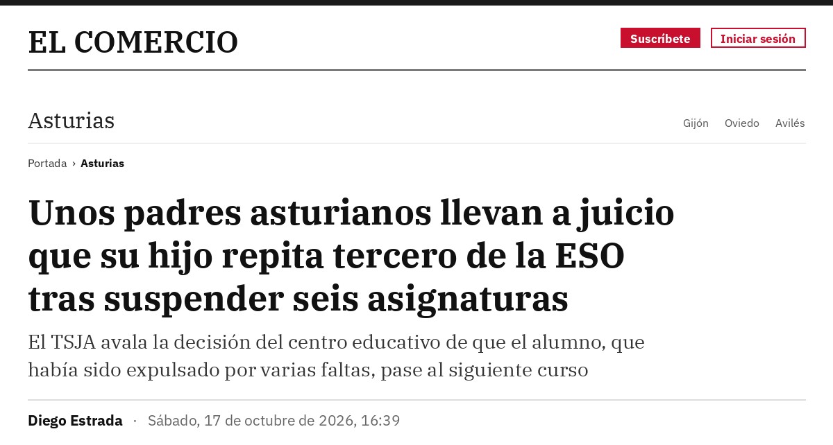 Captura del titular de El Comercio: Unos padres asturianos llevan a juicio que su hijo repita tercero de la ESO tras suspender seis asignaturas