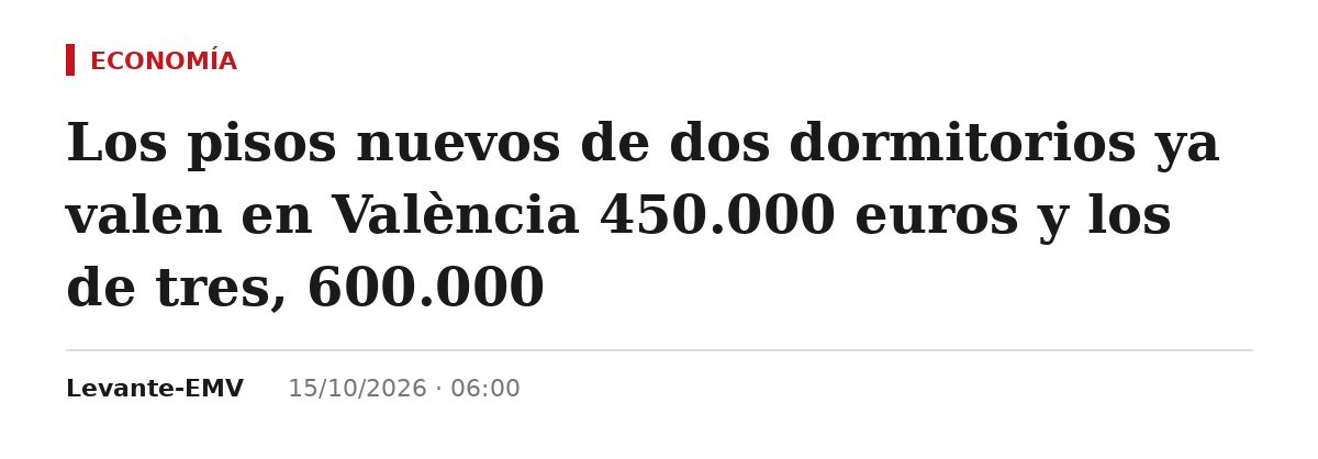 Captura del titular de Levante-EMV: Los pisos nuevos de dos dormitorios ya valen en València 450.000 euros y los de tres, 600.000