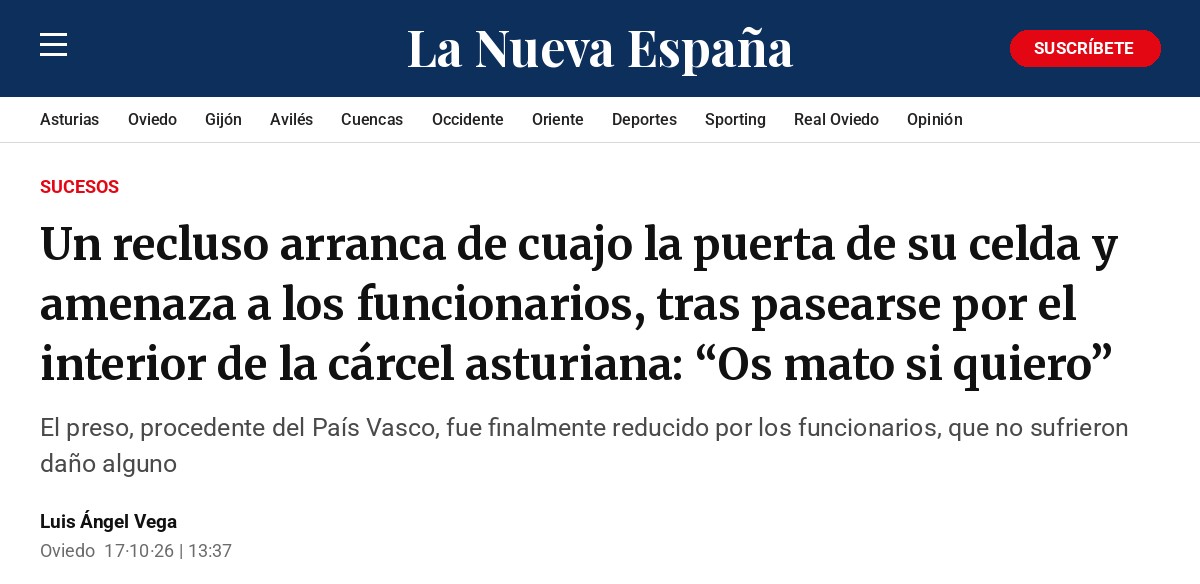 Captura del titular de La Nueva España: Un recluso arranca de cuajo la puerta de su celda y amenaza a los funcionarios