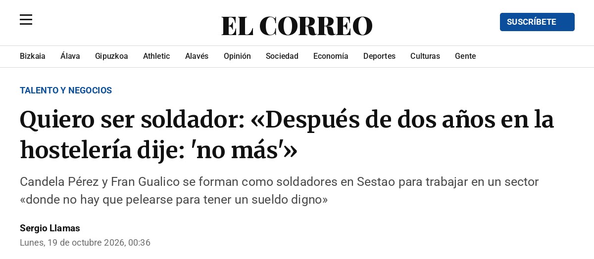 Captura del titular de El Correo: Quiero ser soldador: «Después de dos años en la hostelería dije: 'no más'»