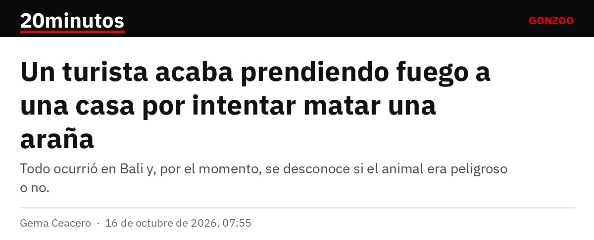 Captura del titular de 20minutos: Un turista acaba prendiendo fuego a una casa por intentar matar una araña