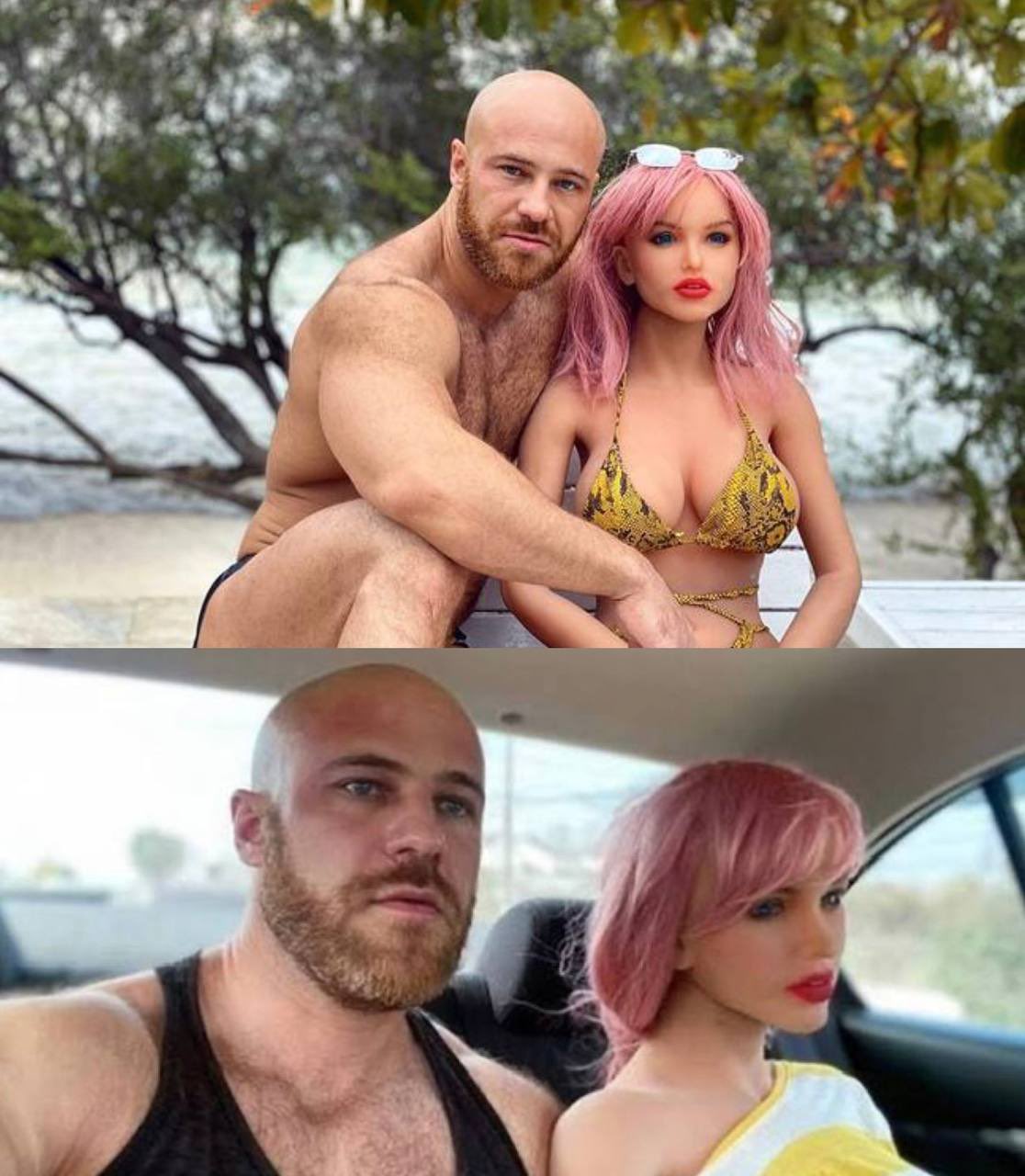 Dos fotos de un culturista calvo y barbudo posando con una muñeca de pelo rosa, una en la playa y otra dentro de un coche