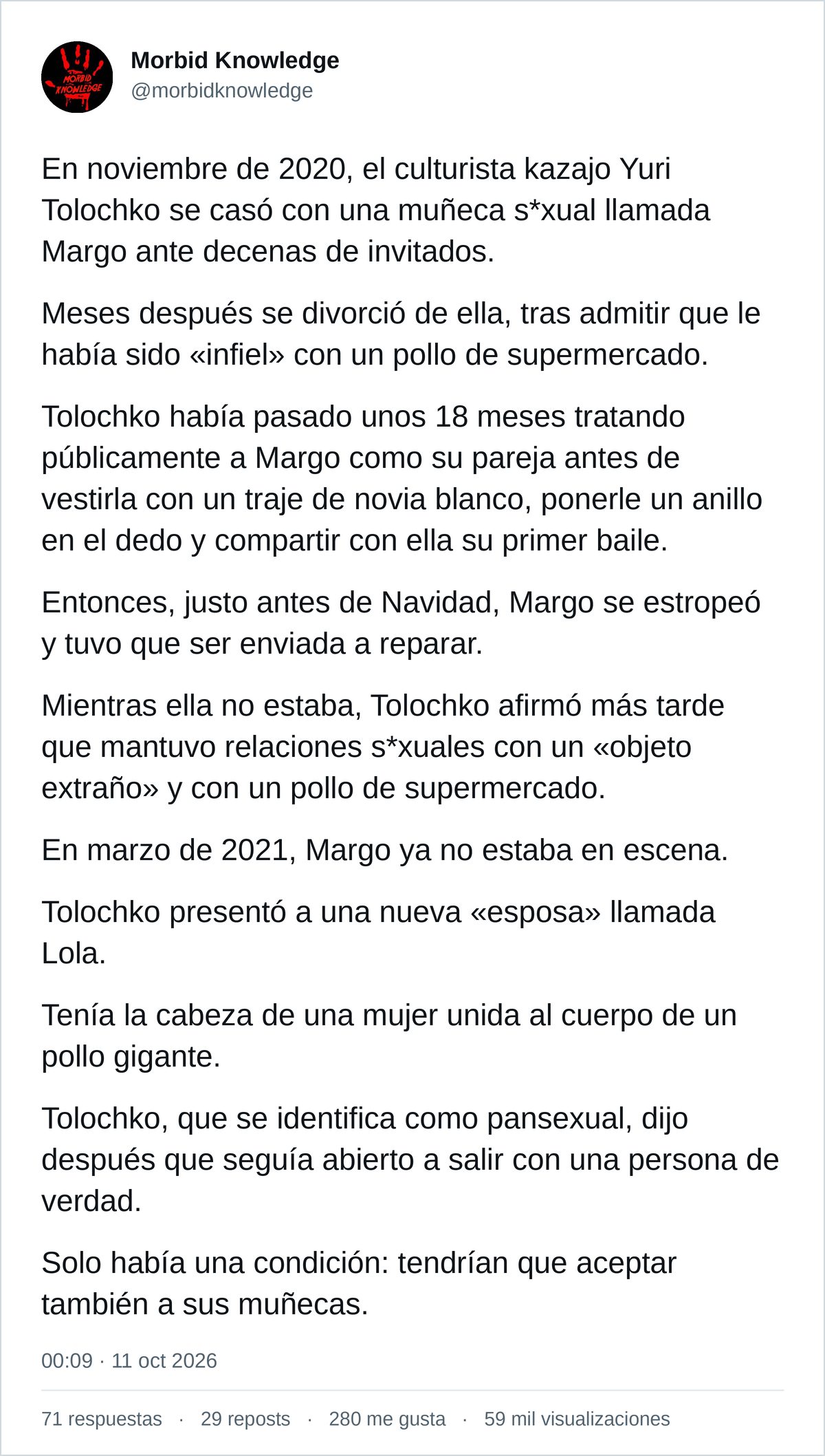 Captura del tuit de Morbid Knowledge traducido al español sobre el culturista kazajo Yuri Tolochko, su muñeca Margo y un pollo de supermercado